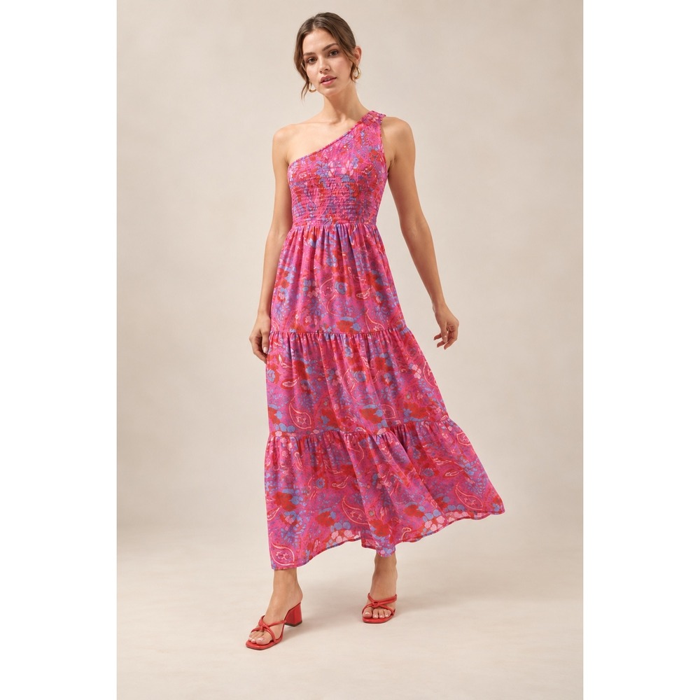 Sugarlips Sao Paulo Smocked One Shoulder Lys Maxi Dress Pink Paisley Medium New